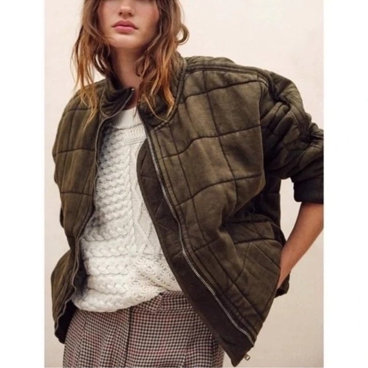 Free People Dolman Jacket Quilted Knit Bomber in Military Green