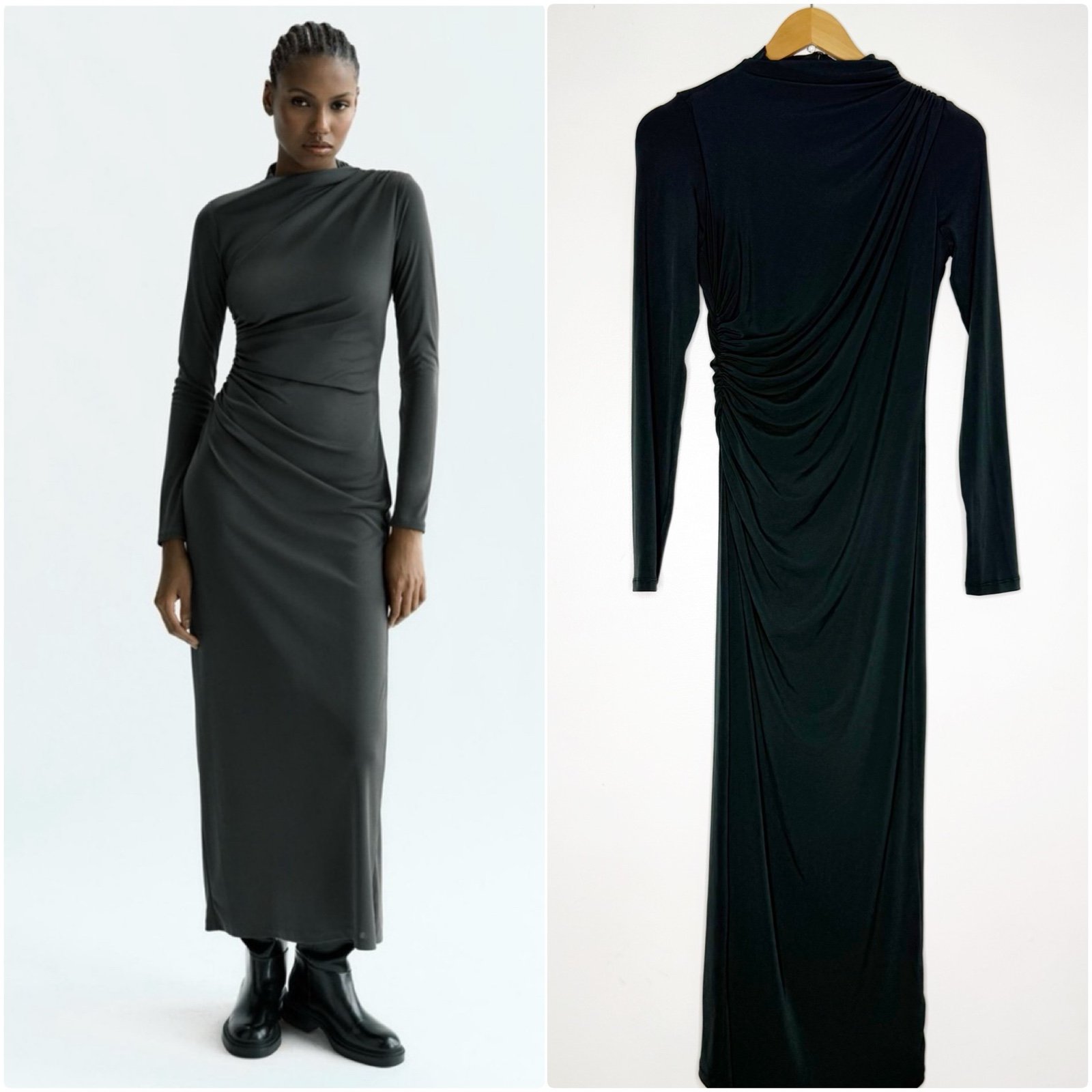 Zara Long Sleeve Drapped Midi Deep Green Dress Size Small NwT