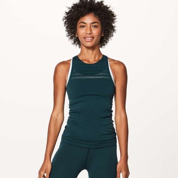 Lululemon Reveal Tank Top Perforated Stripes Submarine Teal Blue