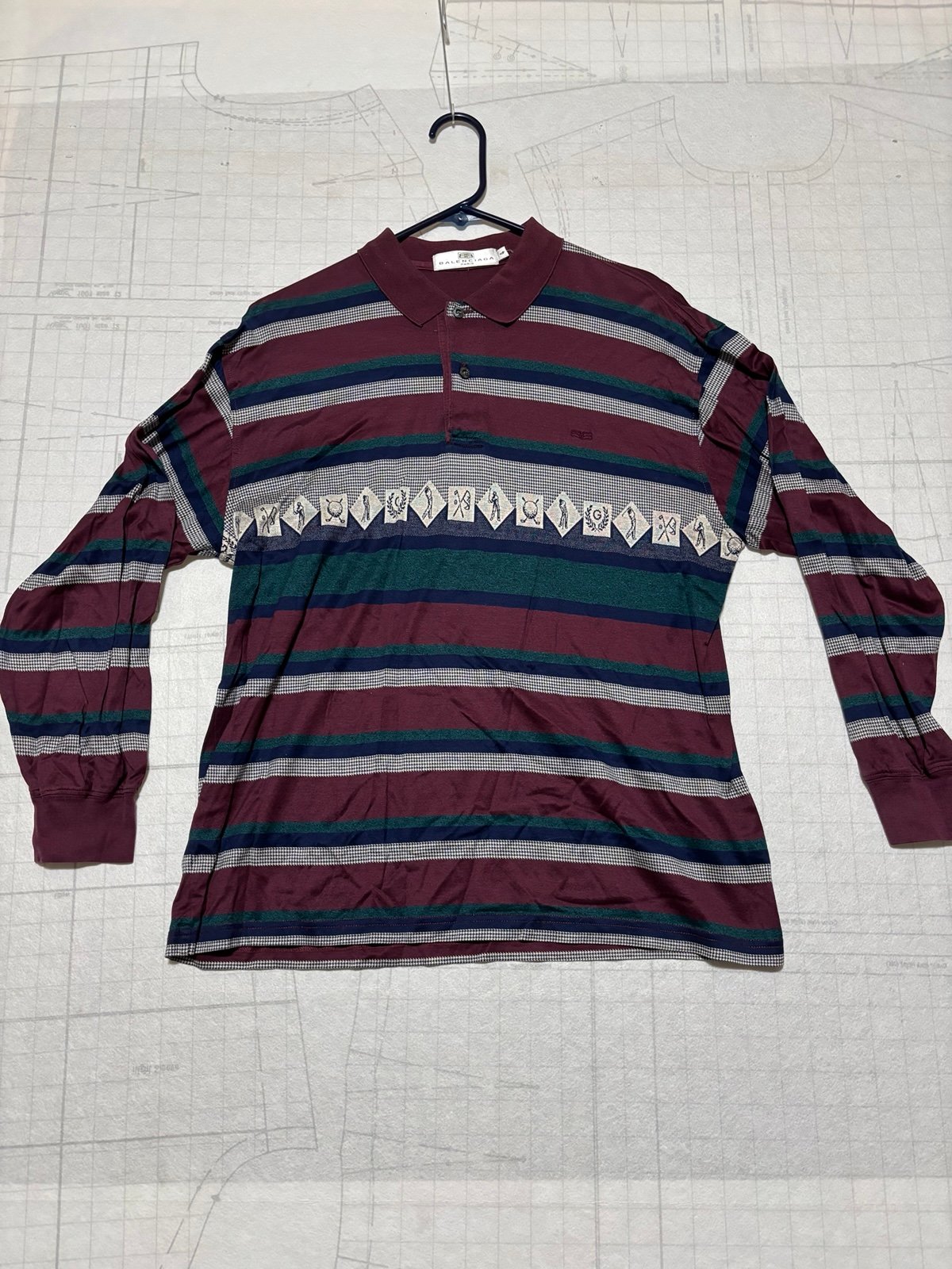 Vintage 90’s Balenciaga Paris Striped BB Logo Long Sleeve Polo Shirt Size 4 Golf