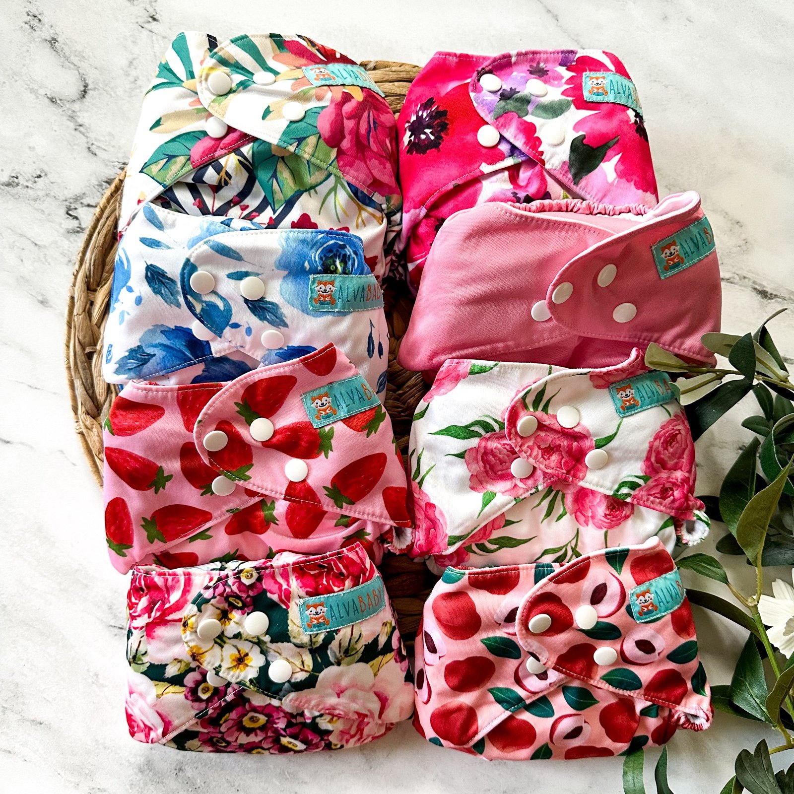Assorted Bundle of 8 Alva Baby Floral Girly Cloth Diapers + 8 Inserts