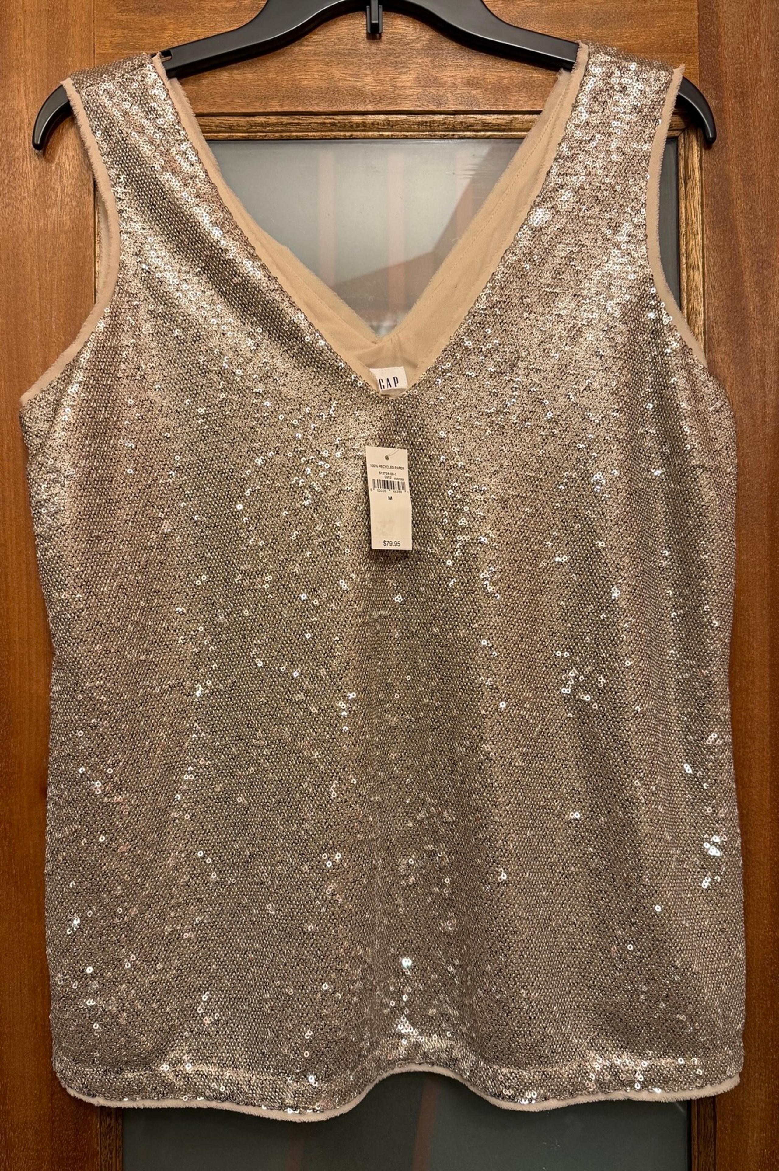Gap Women V-Neck Sleeveless Silver Sequin Lined Evening Tank Top Blouse NWT -M