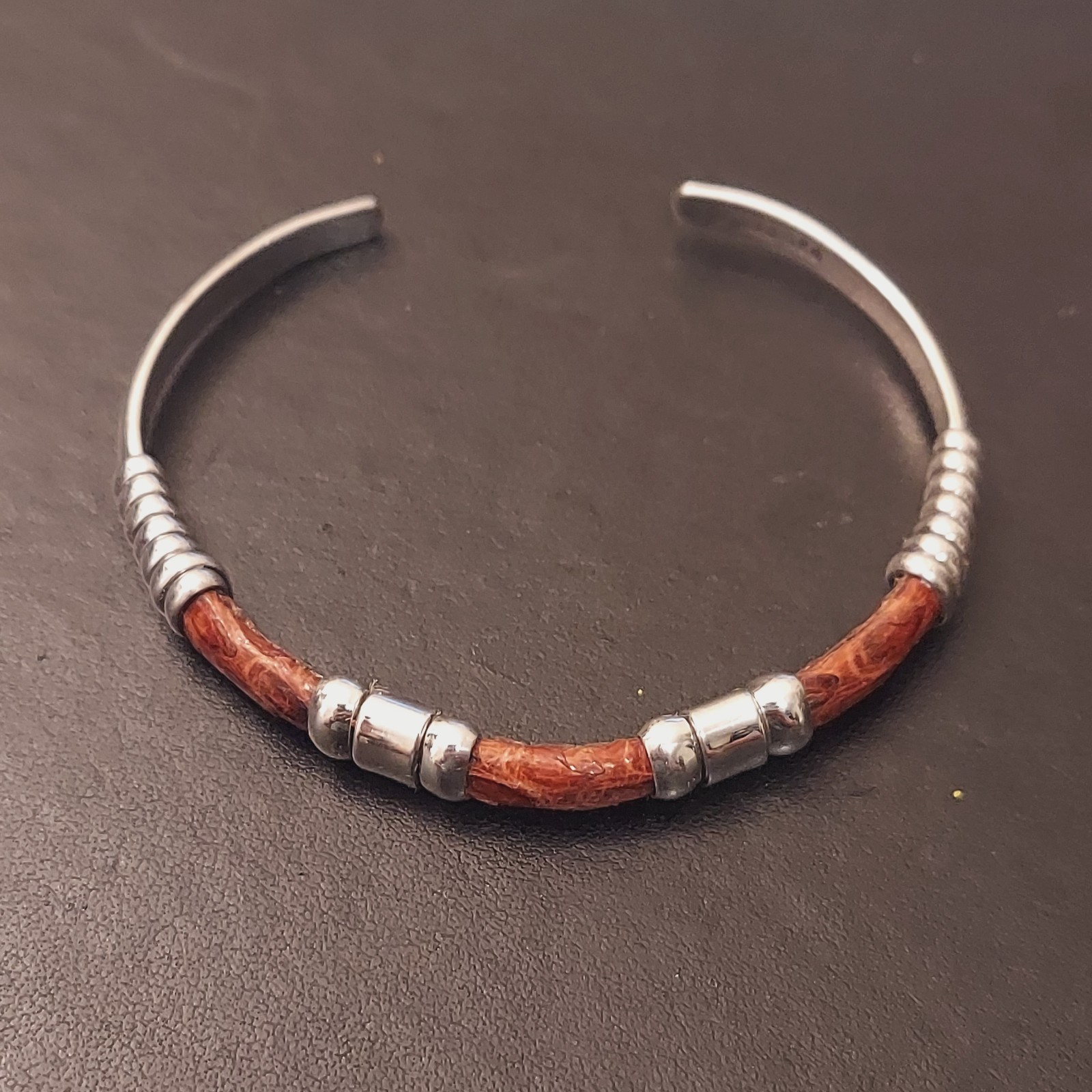 Vintage Mexico 925 Sterling Silver Wire & Brown Leather Cuff Bracelet