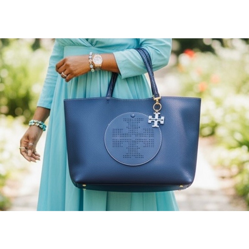 TORY BURCH Navy Blue Leather Perforated Logo Tote, EUC