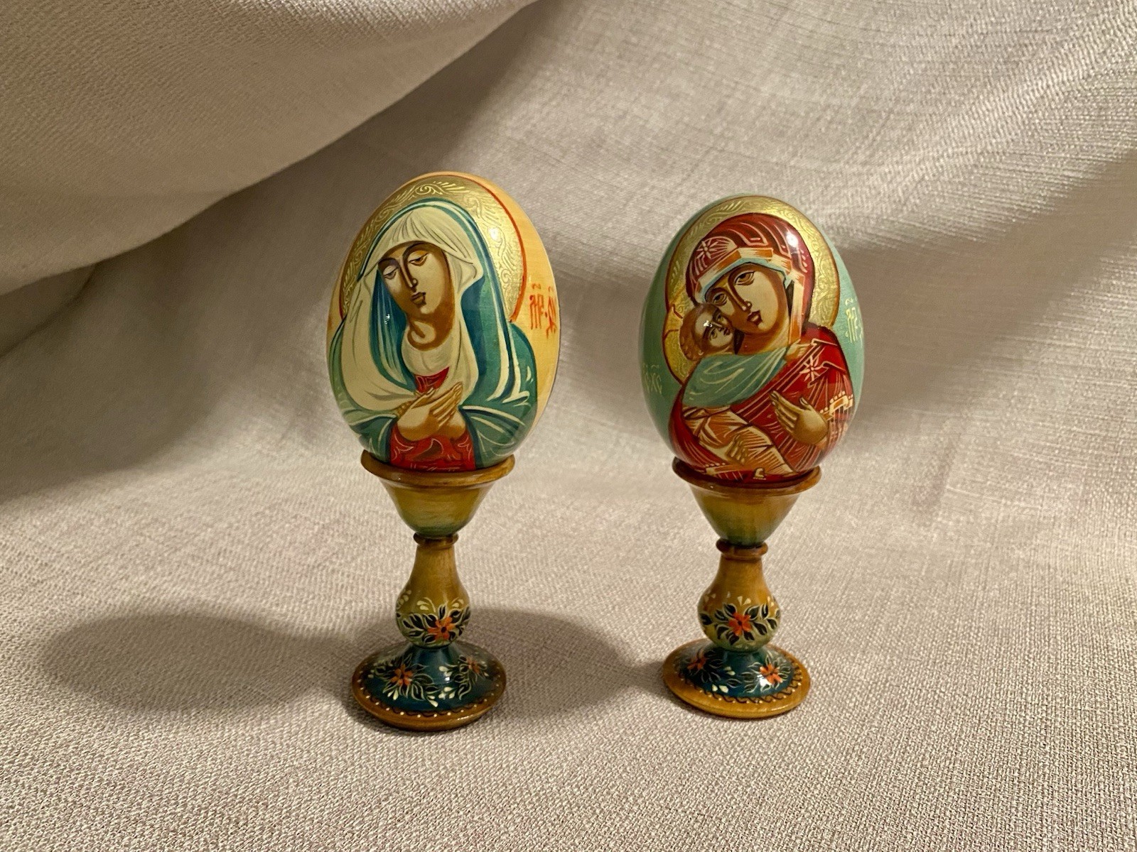 Vintage Hand-Painted Wooden Orthodox Icon Eggs • Virgin Mary & Christ • Set