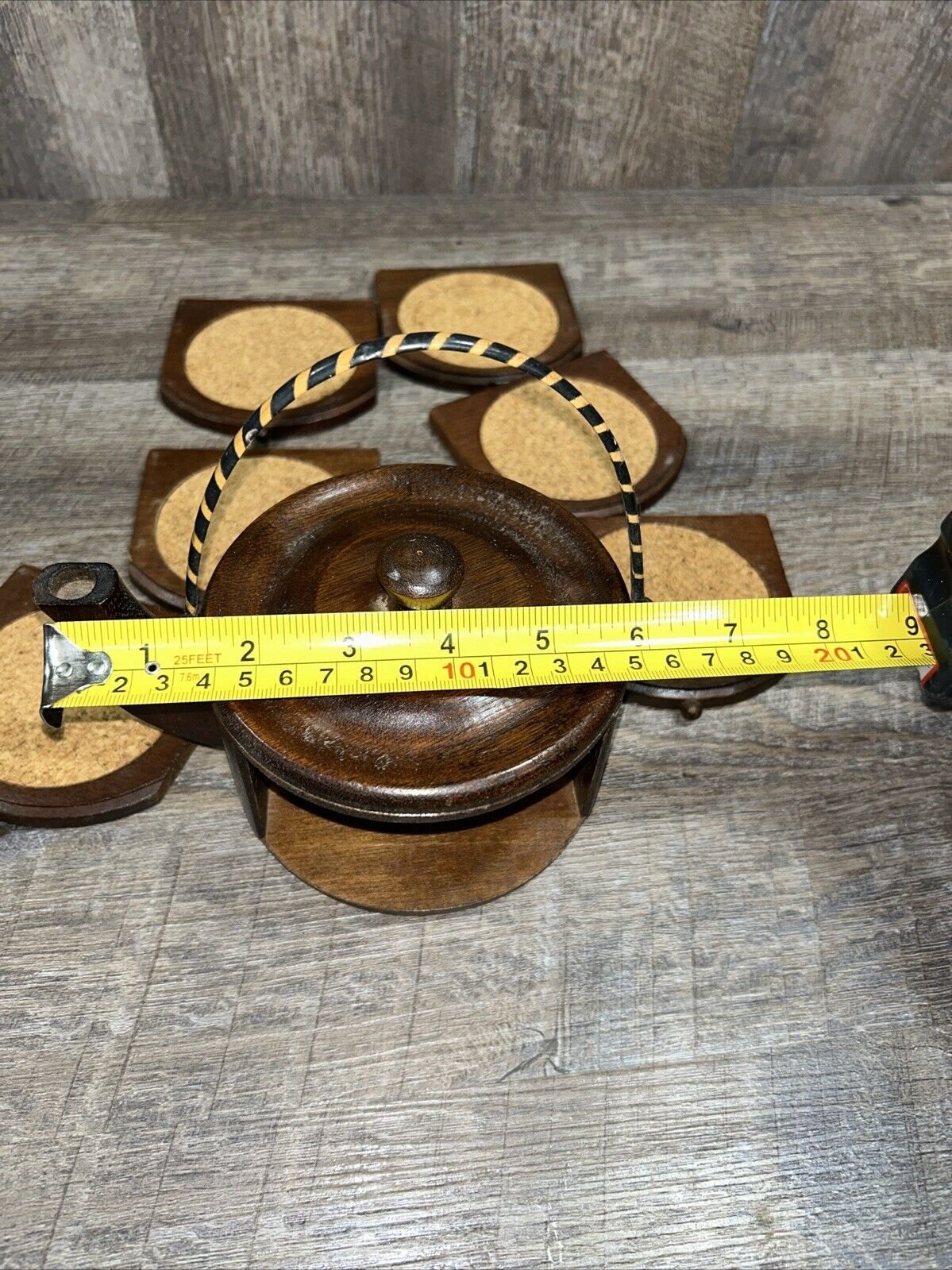 Vintage Antique Hand Carved Germany Wooden Wood Beer Coasters Kettle Set 6 pcs