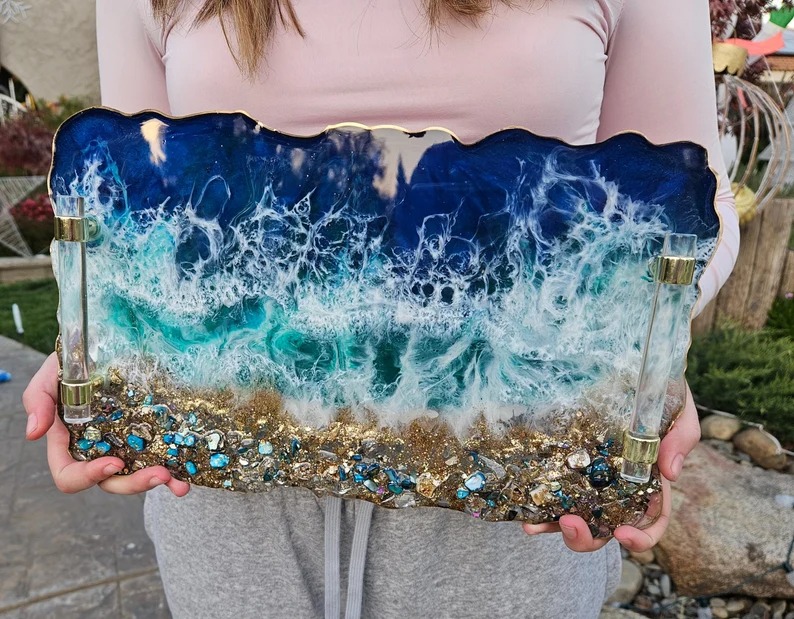 HANDMADE Large Decorative ocean and waves Resin epoxied tray glass Elegant Tray