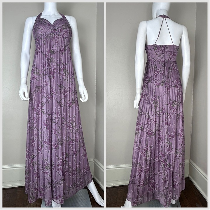 Vintage 1970s Purple Floral Halter Maxi Dress, Size XS