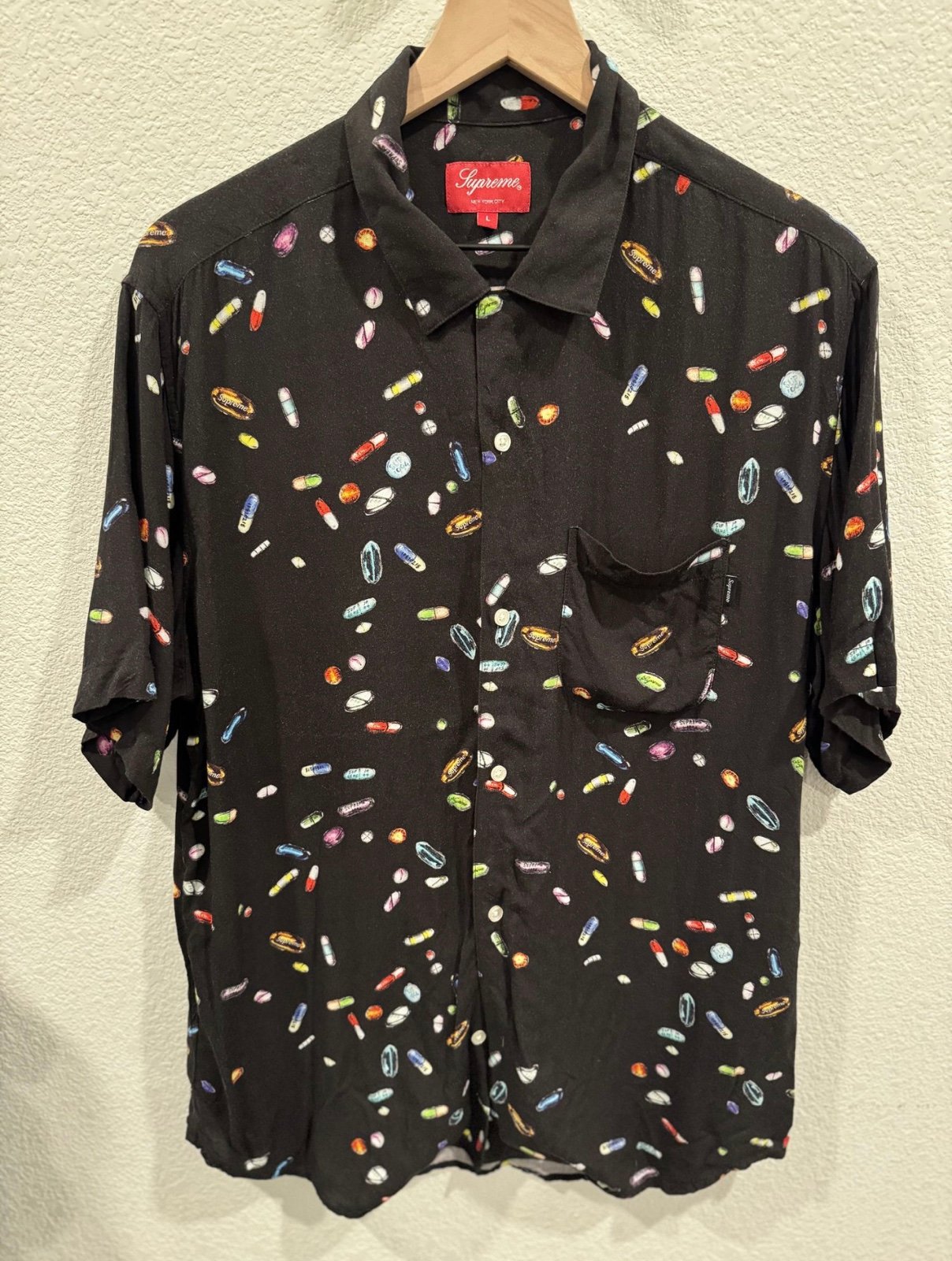Supreme Rayon Button Up All over Print Pills Shirt Size Large Black