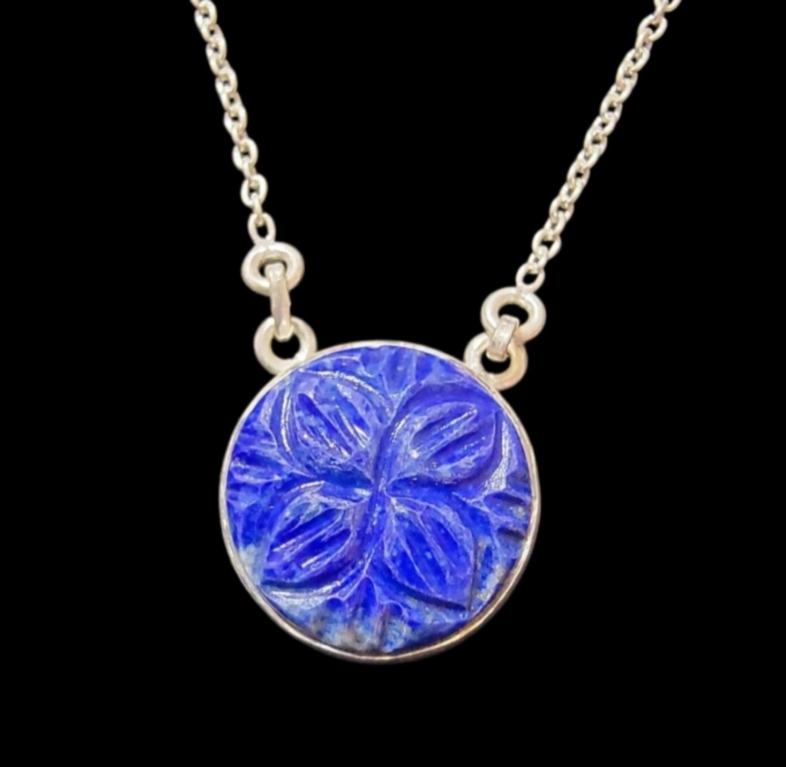 Lapis Lazuli Carved Flower Pendant Necklace ~ 925 Sterling Silver
