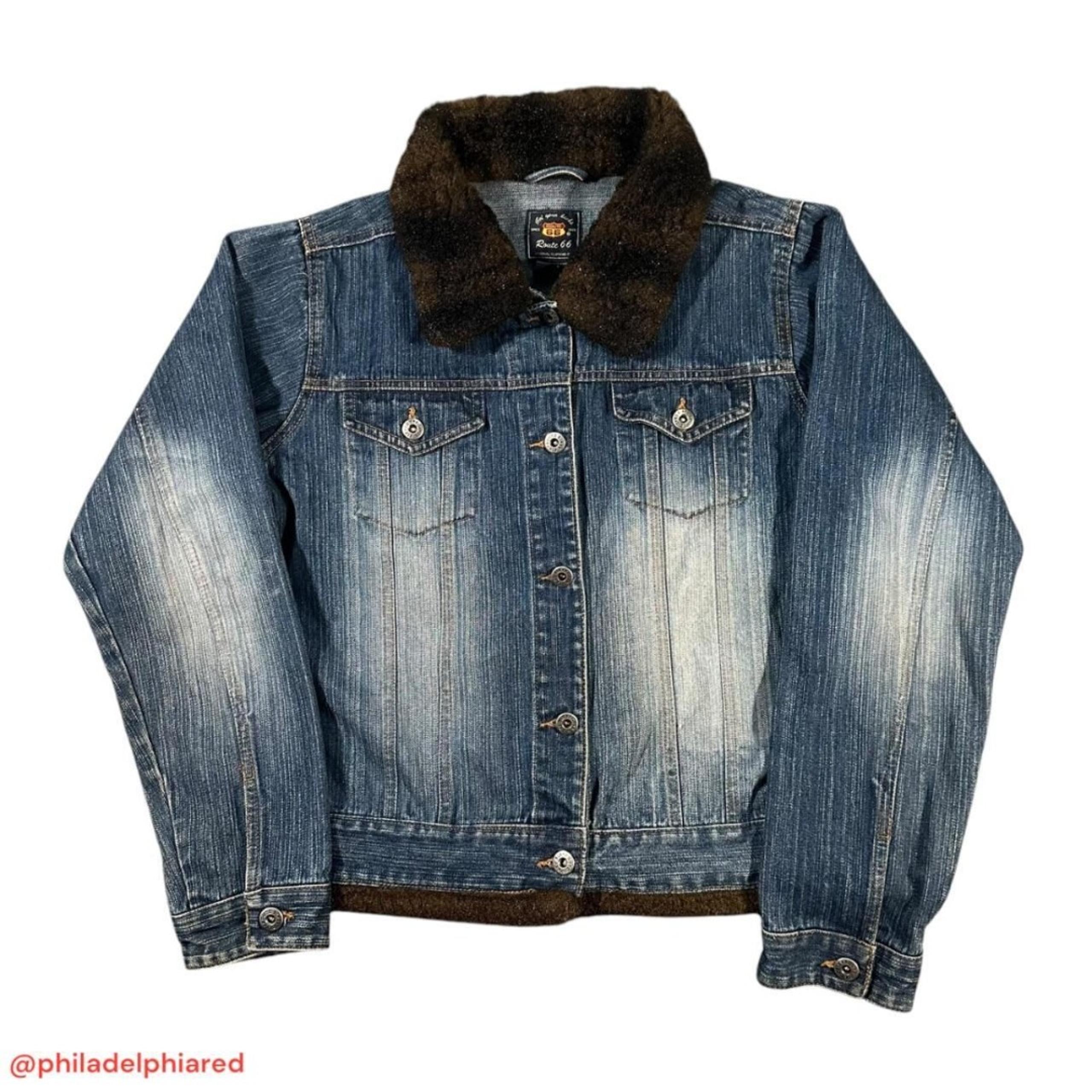 Vintage Y2k Route 66 faux fur denim jacket womens Large