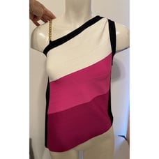 New Karen Millen Colorblock Bandage Chain Asymmetric Knit Pink Black White Top S