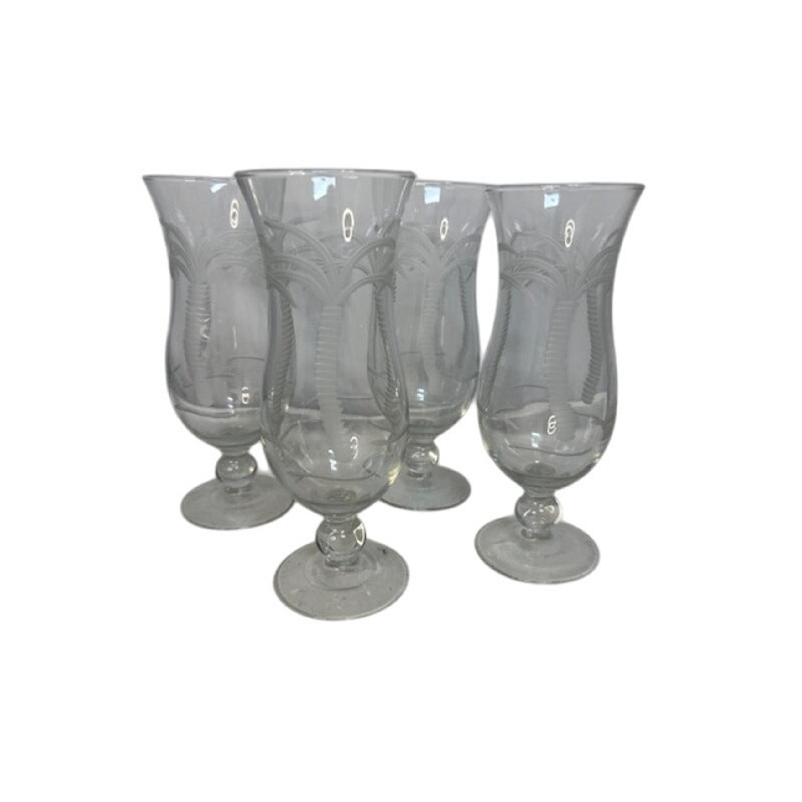 4 Rolf Etched Palm Tree Tropical Hurricane Cocktail Glasses