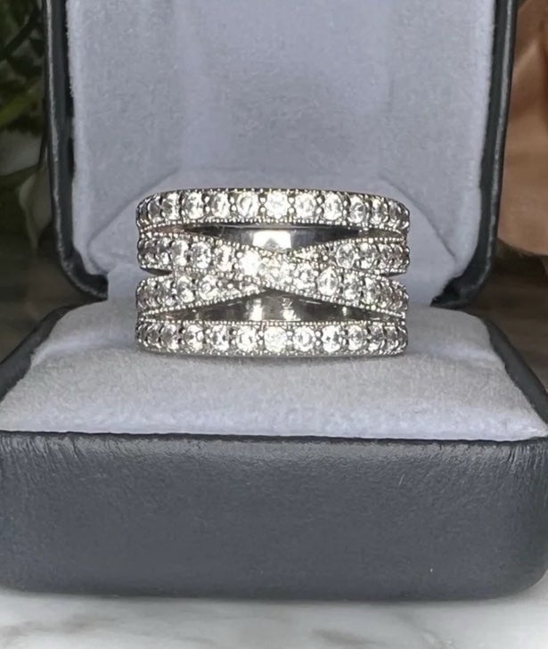 ️Beautiful Wide 4 row Crossover Diamond Ring Solid 925 Sterling Silver -See pics