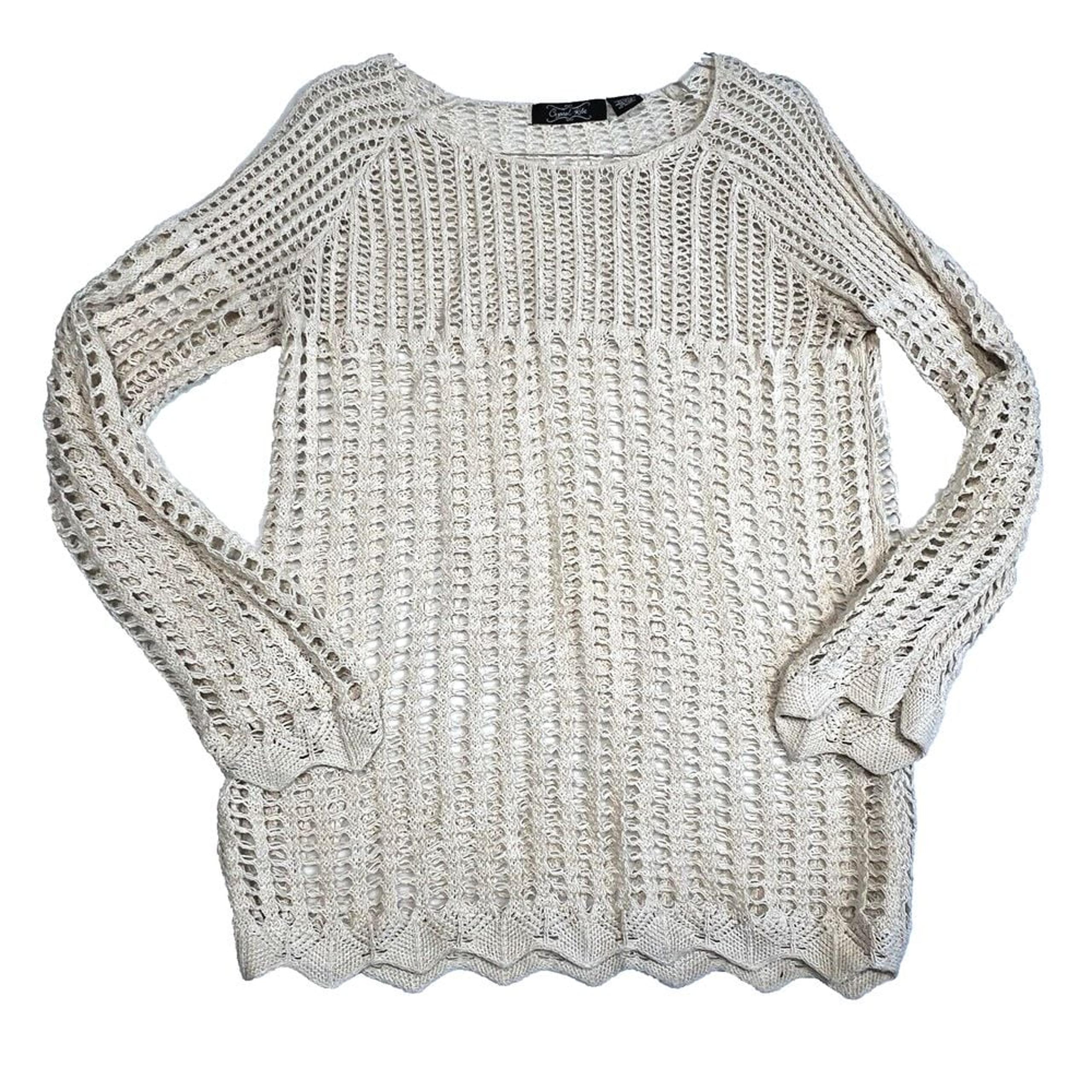 Crystal Kobe Womens Large Beige Crochet Tunic Open Sweater Ivory Long Sleeve