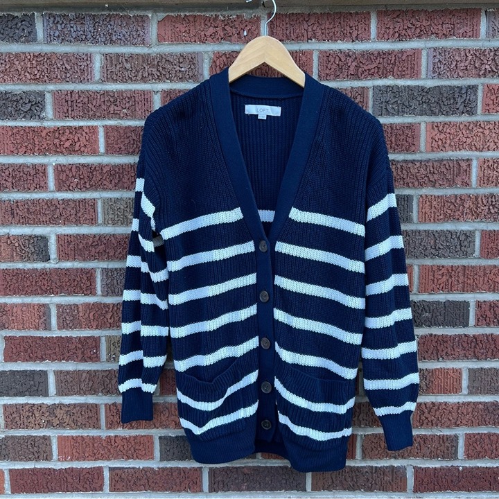 LOFT Navy Blue and White Striped Chunky Knit Sweater Cardigan