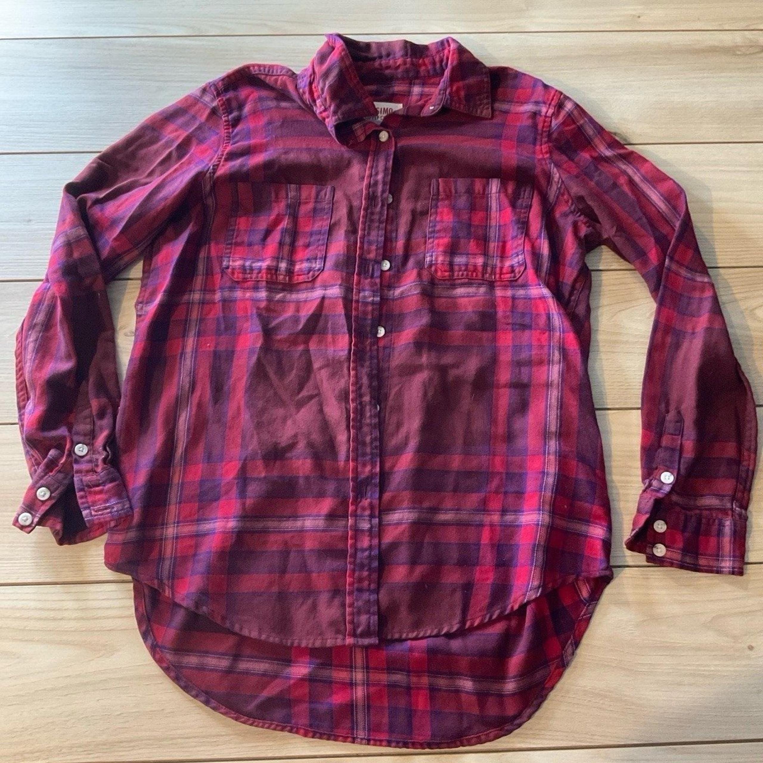 Mossimo Women’s Medium Plaid Button-Down Shirt Red Purple Boyfriend Fit Long Sle