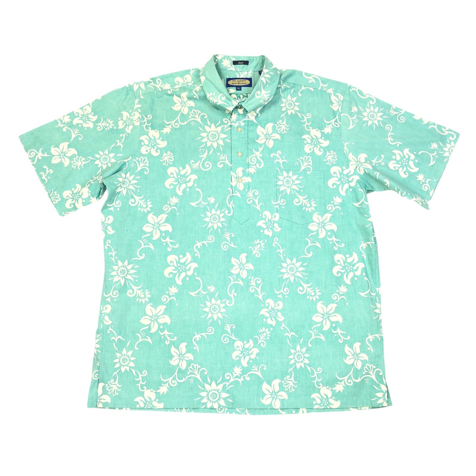 Reyn Spooner Phil Edwards Floral 1/4 Button Down Hawaiian Shirt Size XL Turquois