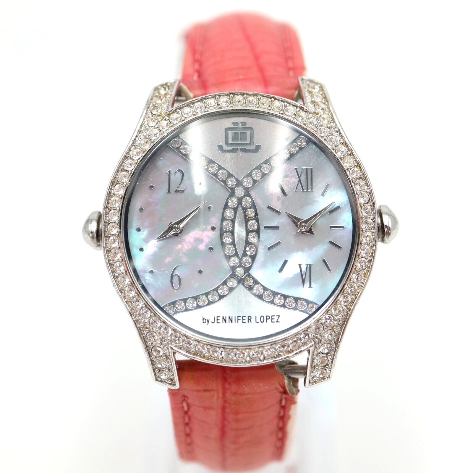 Jennifer Lopez Women's Dual Time Watch 36mm MOP Dial Gem Set Pink Leather JLO