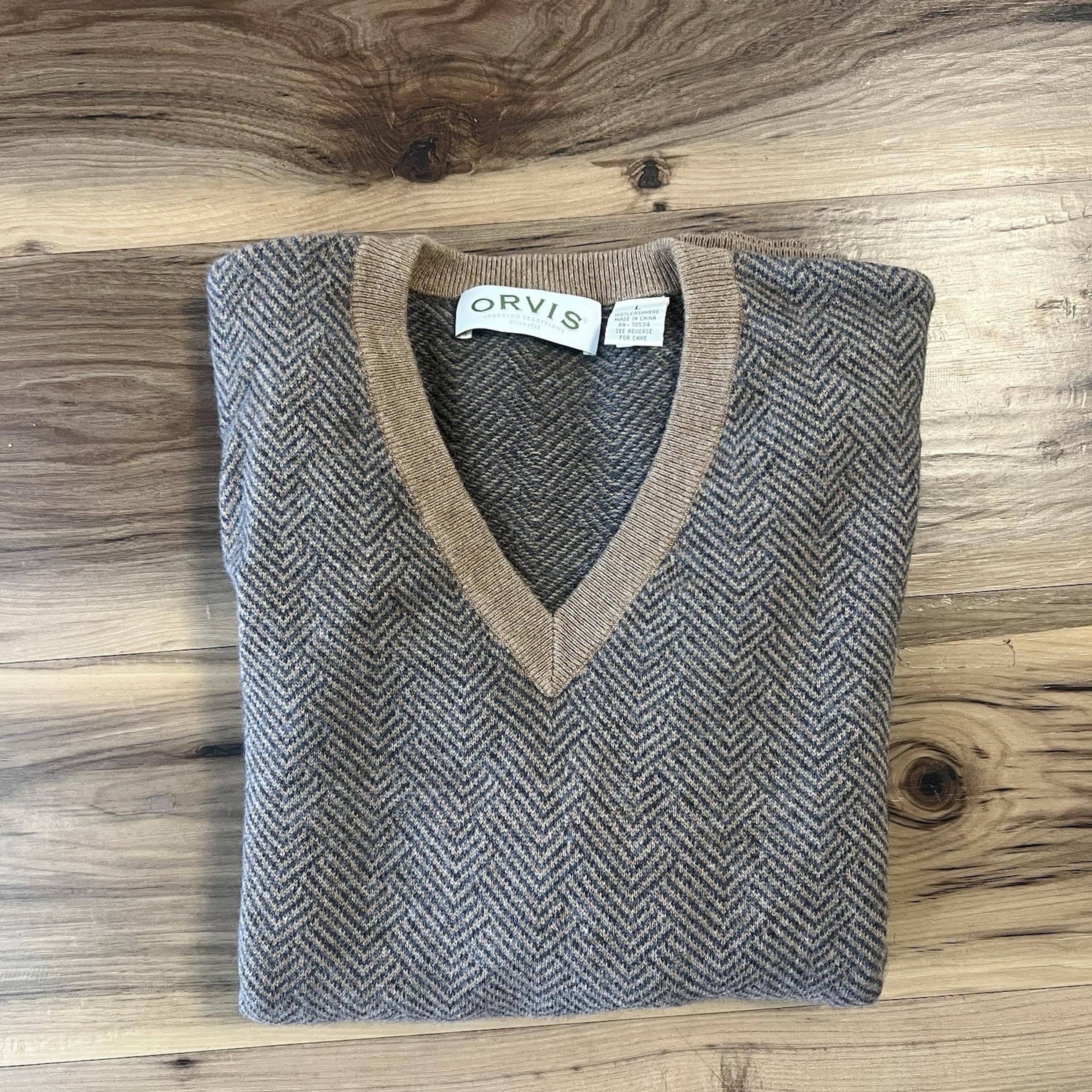 100% Cashmere Mens V-Neck Sweater Brown Herringbone Chevron Sz L - Orvis