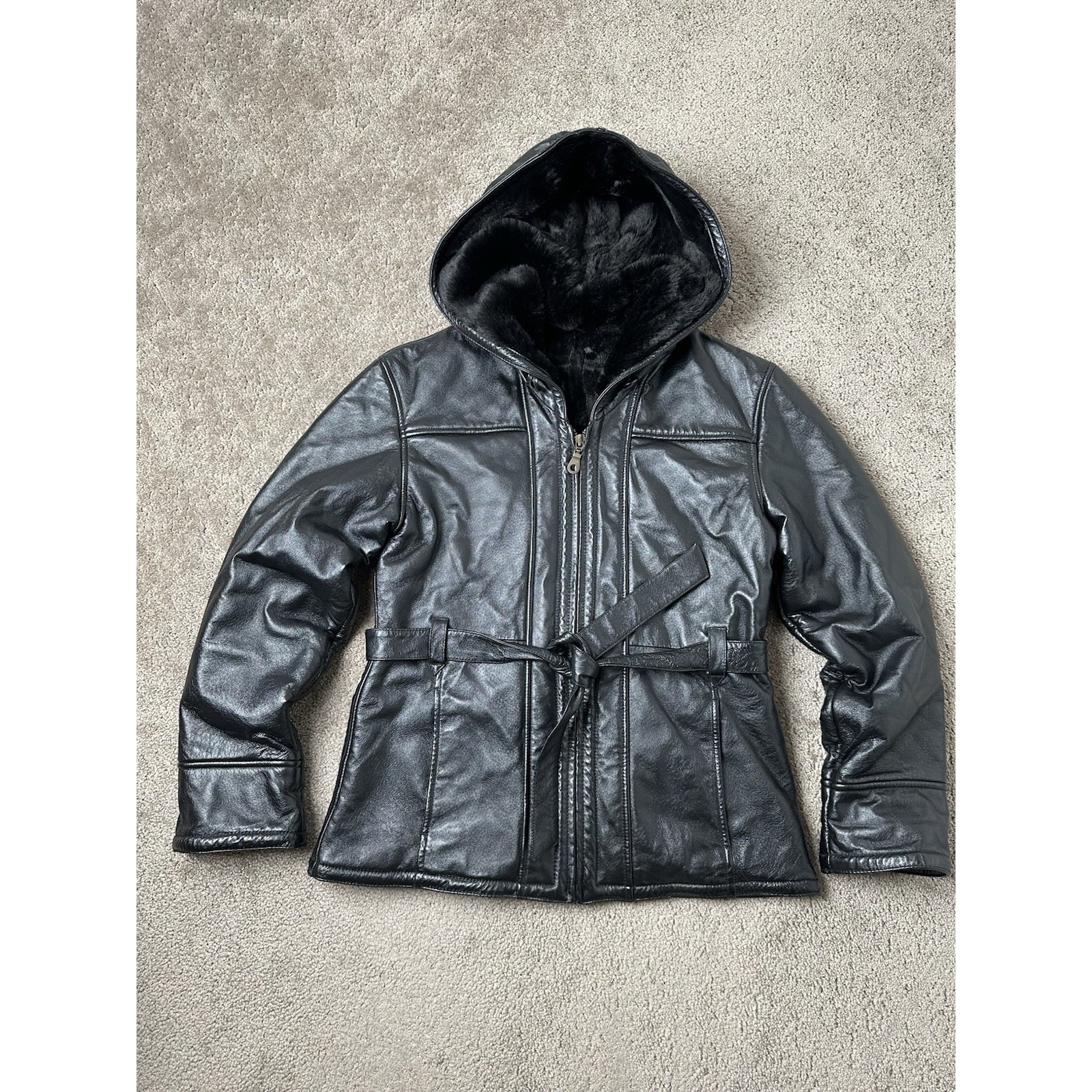 Womens Jacket WILSONS Leather Faux Fur Lined Hooded Coat Winter Black , Size XL