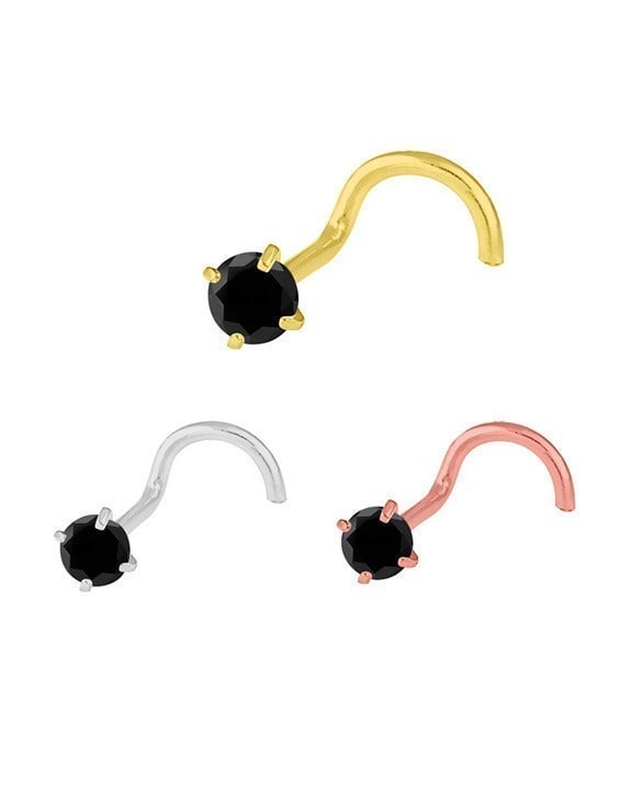 Natural Black Diamond 2.50MM 14K Gold Round Nose Ring 20 GA 7mm.