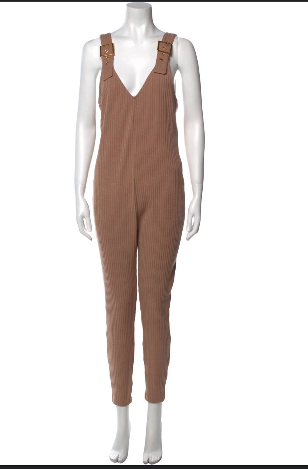 WeWoreWhat Ribbed Knit Jumpsuit Cameo Rose Beige Tan Slim Fit Medium