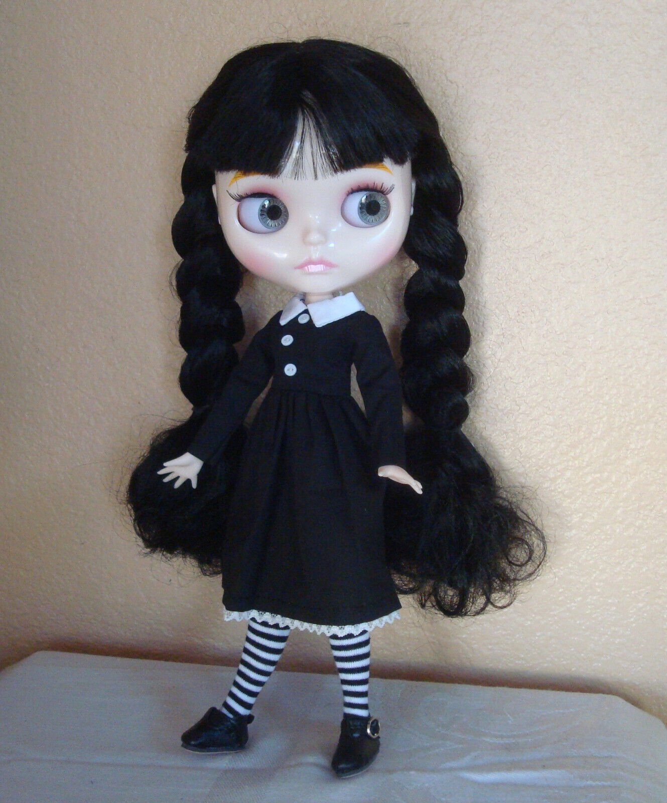 Blythe Doll customized Wednesday Addams Black Hair Dress Socks Shoes 18 hands