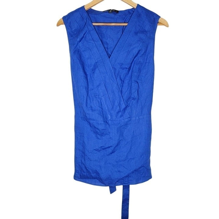 Lafayette 148 Royal Blue 100% Linen Sleeveless V-Neck Tie Back Women's Top 14