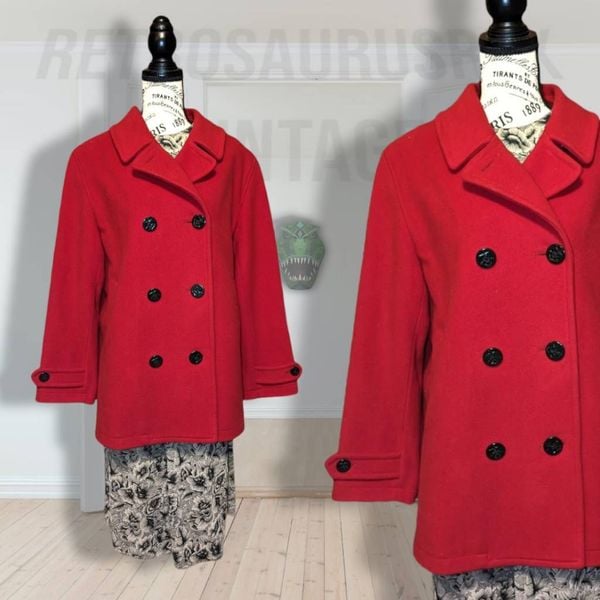 Vintage Lands End Direct Merchants Red Wool Anchor Button Peacoat Medium