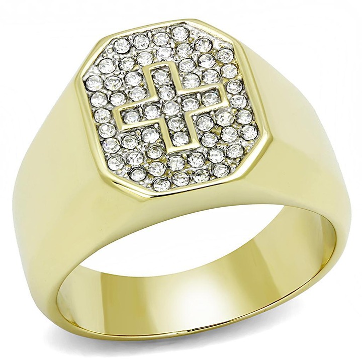 Anillo Color Oro Para Hombres y Ninos de Acero Inoxidable Cruz Cama de Diamantes