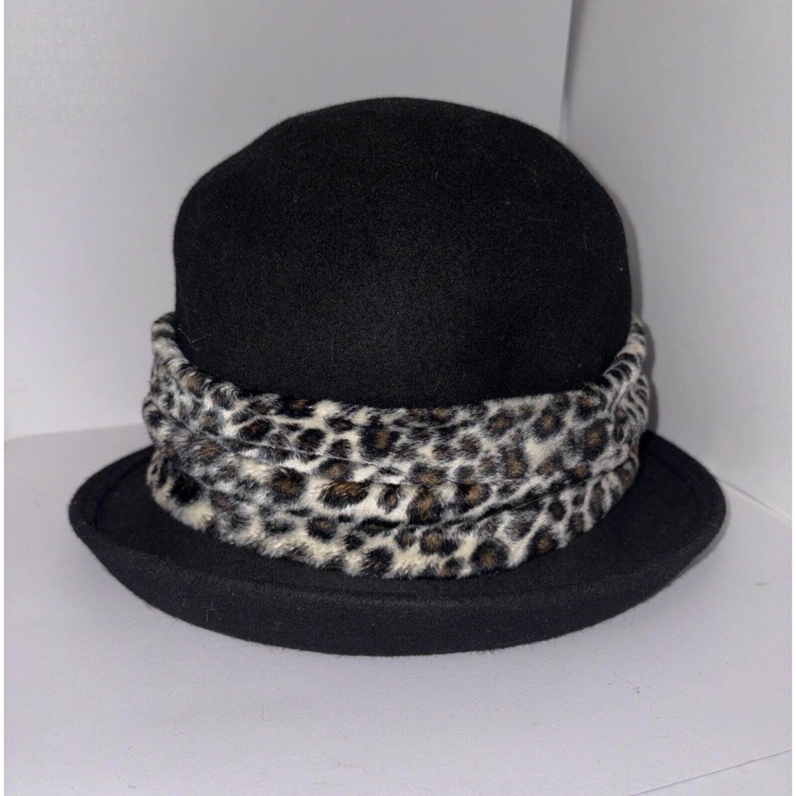 Vintage 100% Wool Cheetah Bowler Bucket Hat Women's Black - Jennifer Moore