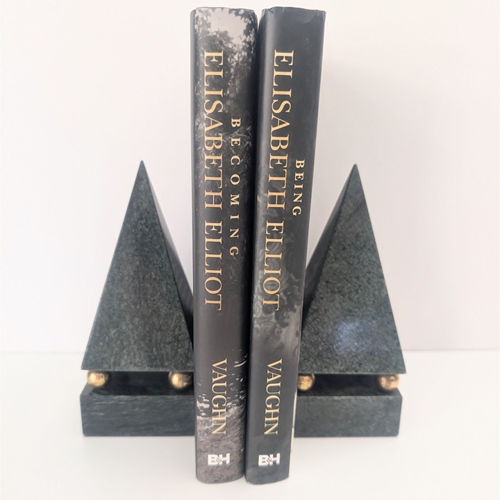 Vintage Green Marble Pyramid Obelisk Bookends With Brass Accents