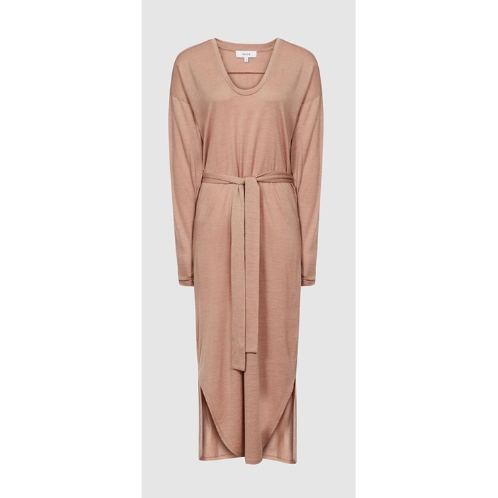 REISS CLEO WOOL BLEND FINE JERSEY DRESS IN BLUSH Size Large