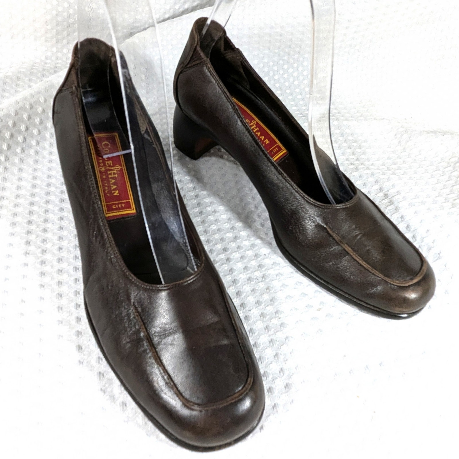 COLE HAAN! ESPRESSO BROWN GENUINE LEATHER STACKED HEEL LOAFERS, HEELS! SZ 7B