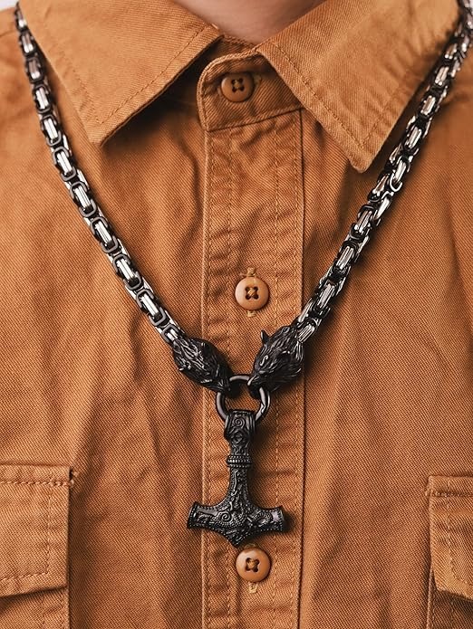 Viking Mjolnir Necklace, Mammen Style Thor's Hammer Pendant (Black)