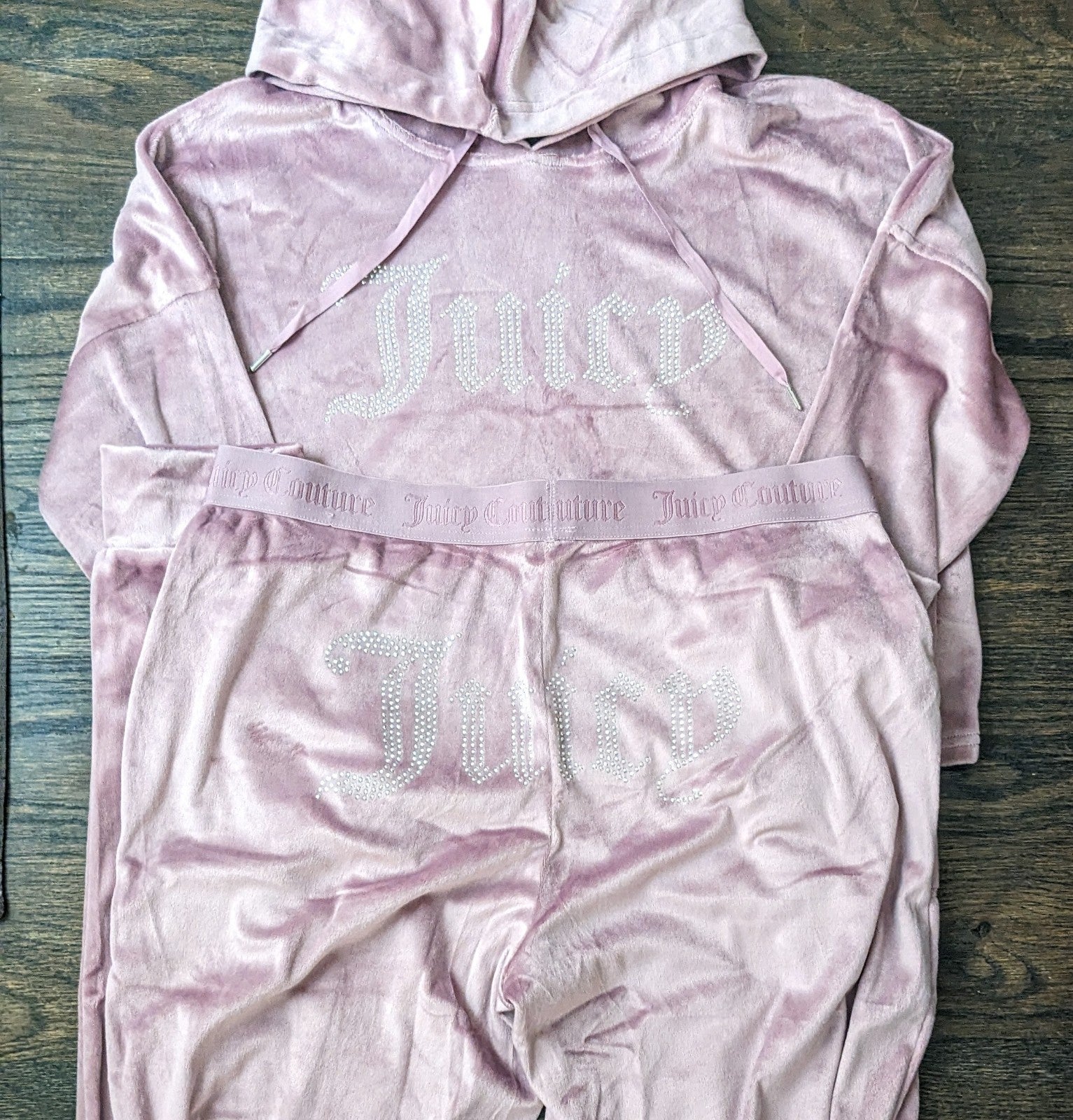 New Hooded Juicy Couture Mauve Velour Bling Lounge Pajama Track Suit 2pc Large