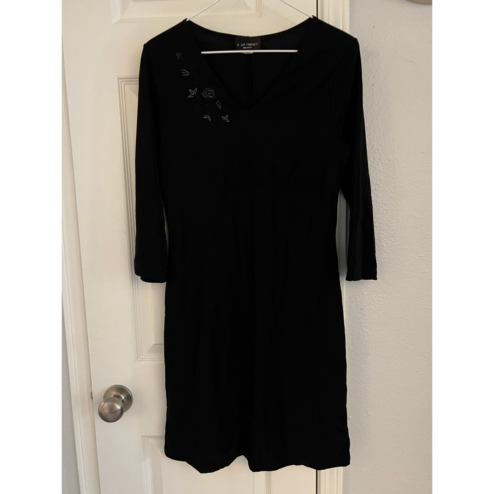 Y. At Heart Black Midi Dress Small Y2K Vintage 3/4 Sleeve USA Made Retro Chic