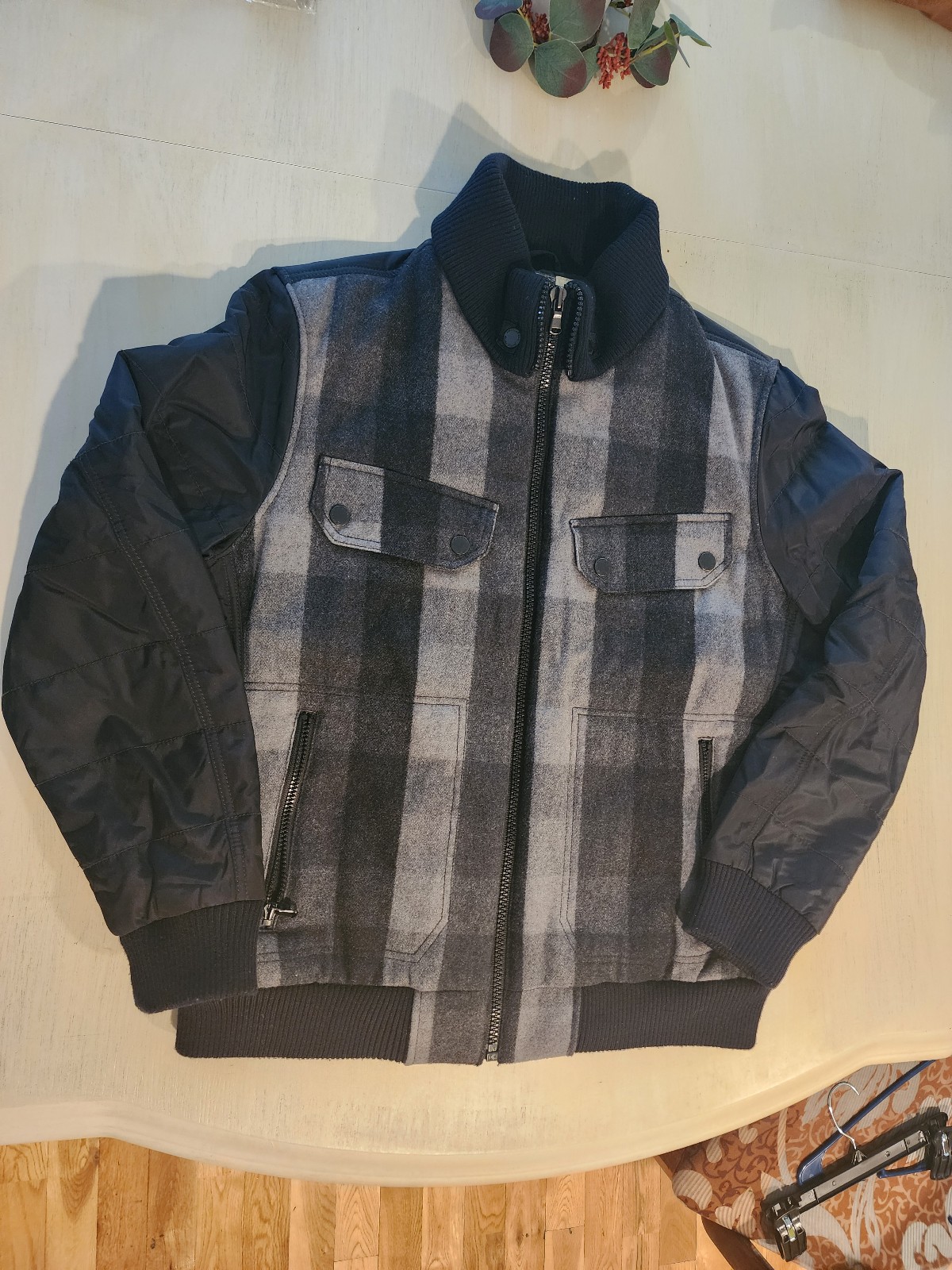 American Rag CIE Black Checkered Wool/Nylon Bomber Jacket