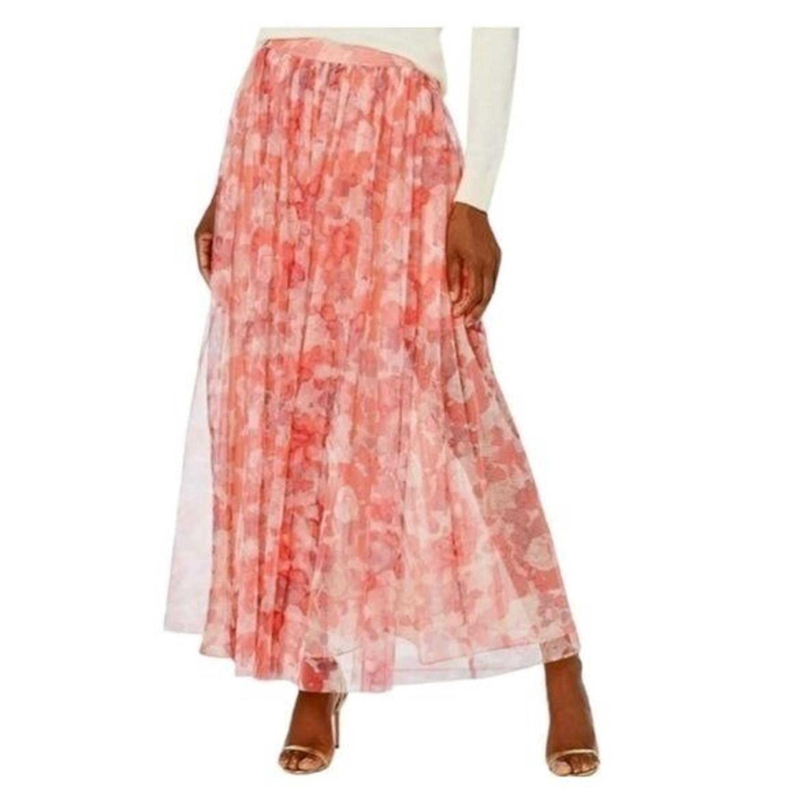 BCBGMAXAZRIA Red and Pink Floral Tulle A-Line Maxi Skirt in Blush Multi Size L