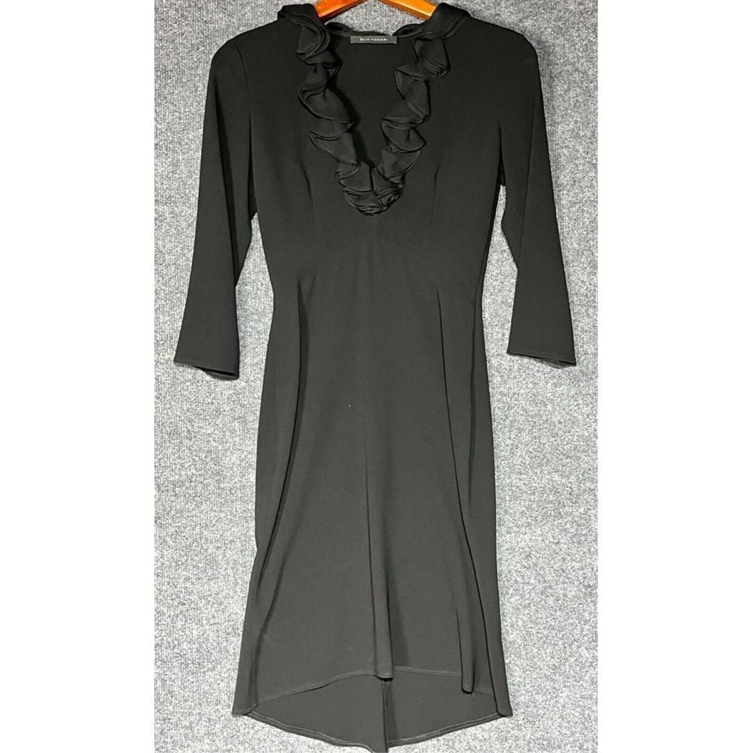 Elie Tahari Midi Dress Ruffle V Neck A Line 3/4 Sleeve Black Womens Size 2