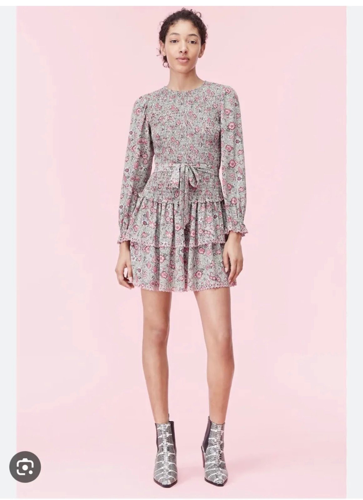 La Vie Rebecca Taylor Camila Crepe Smocked Floral Long Sleeve Dress - Small