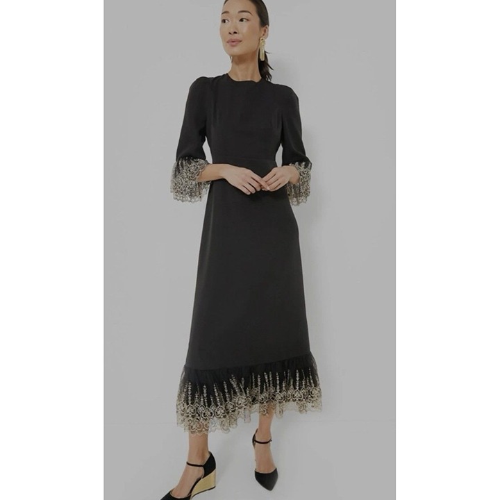 Pomander Place Tuckernuck Women's Large Black Lillith Gold Lace Midi Dress NWT