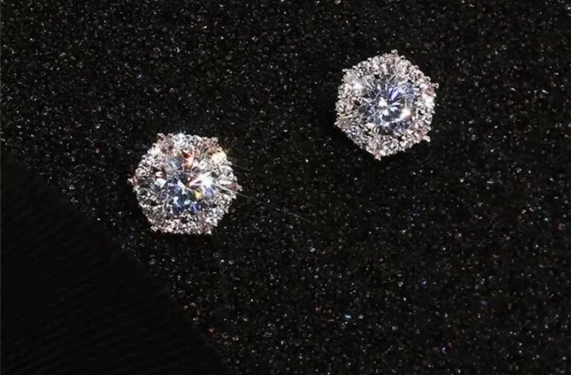 Silver Diamond Hexagon Stud Earrings