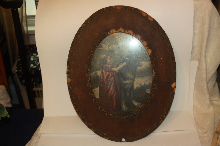 ANTIQUE WOOD FRAME with PRINT GIRL & DOG OVAL FRAME 19"