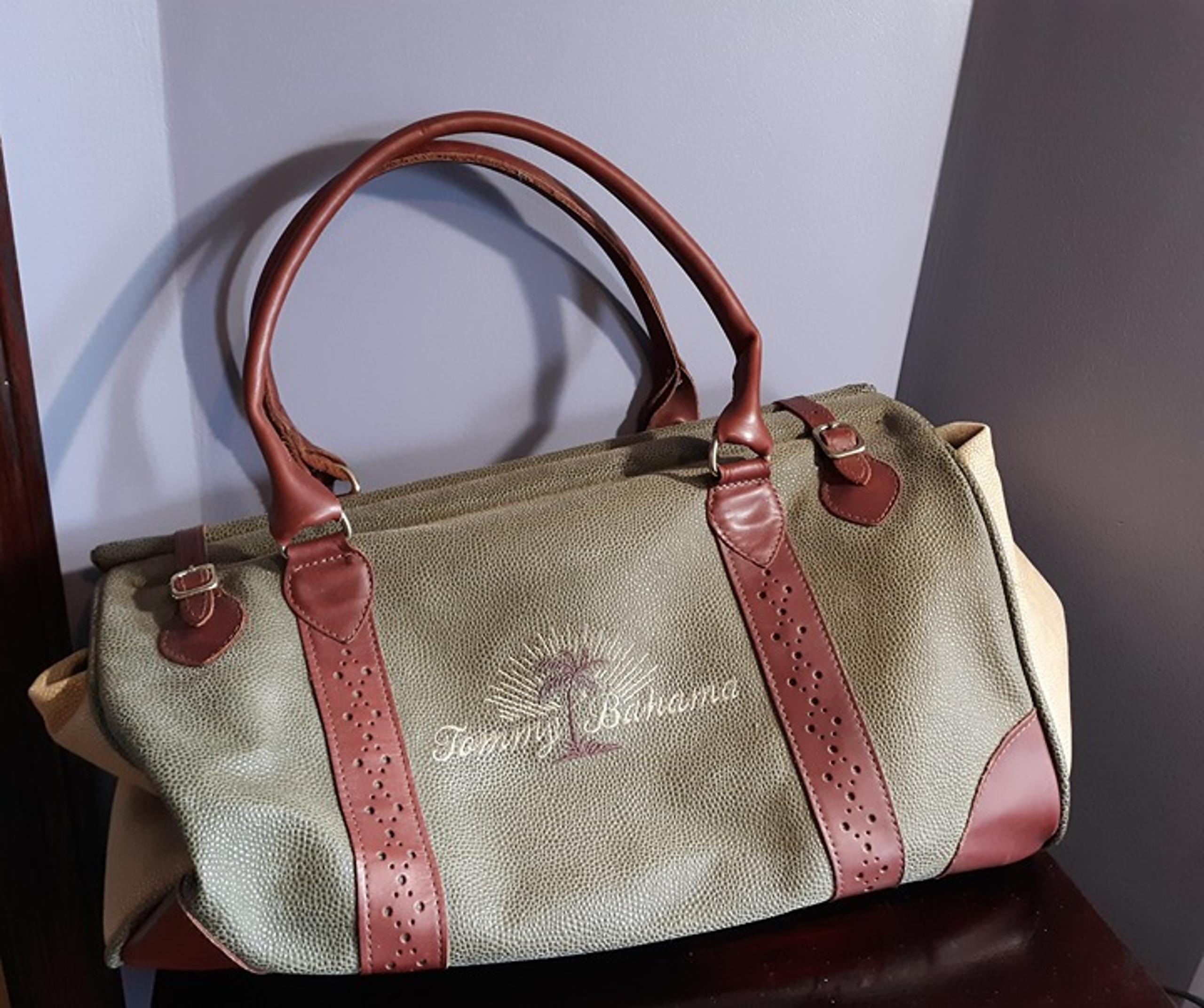 Vintage Tommy Bahama Pebbled Green/Tan Duffle Bag Leather Accents Canvas Bag