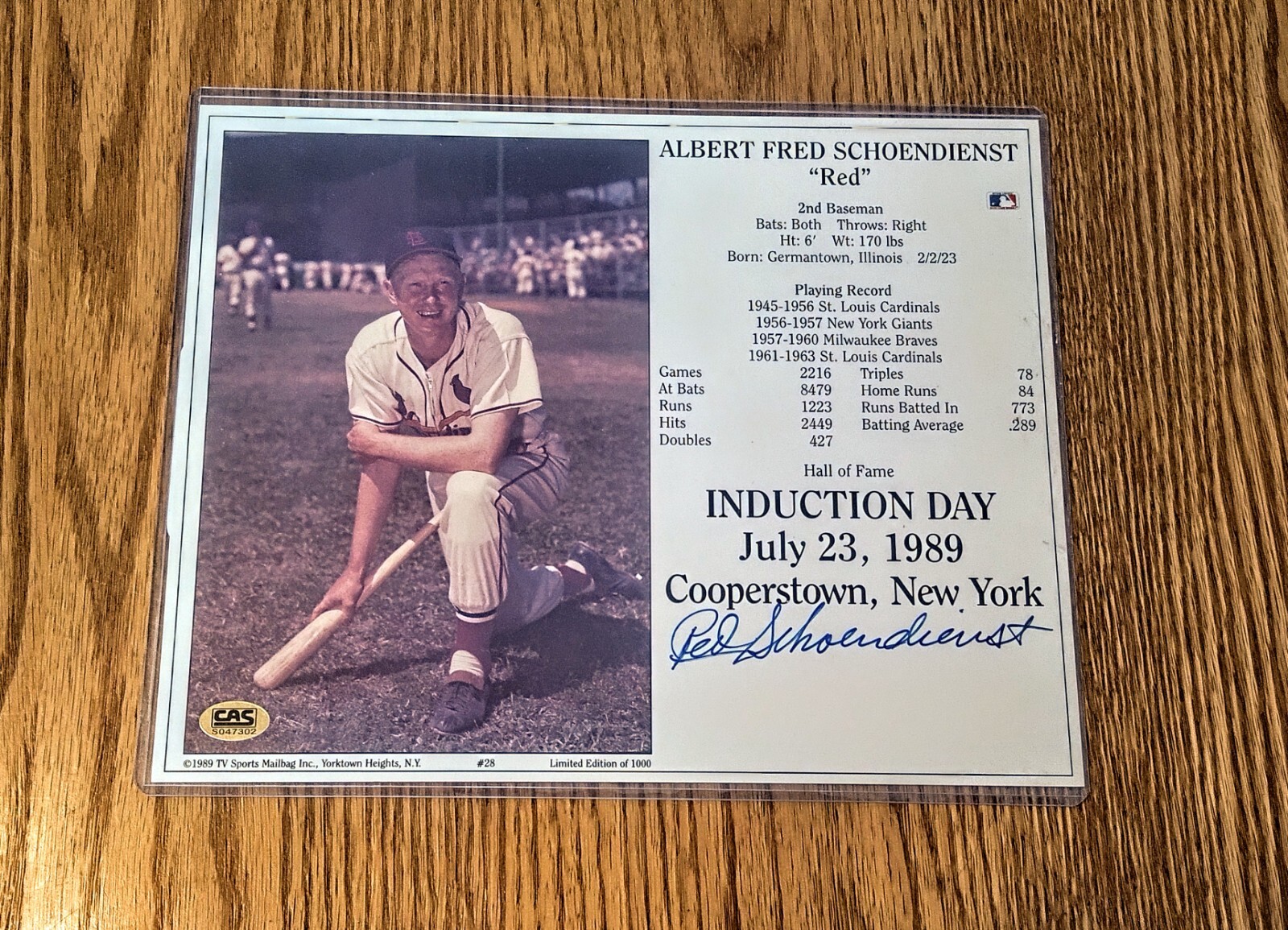 Red Schoendienst Cardinals Autographed CAS 8x10 Hall Of Fame Induction Photo