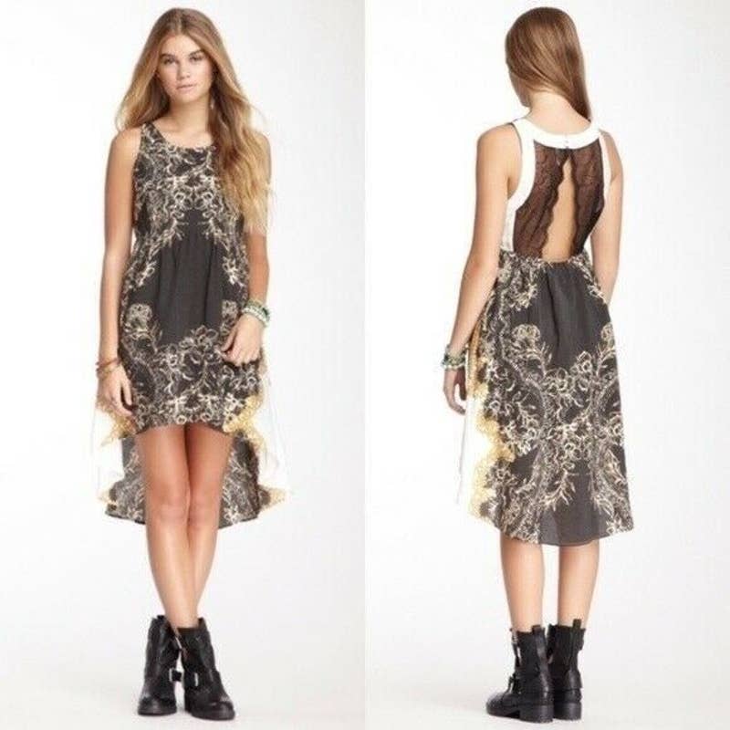 Free People Dress Size XS Flowy Open Lace Back Hi-Low Hem Russian Plate Black