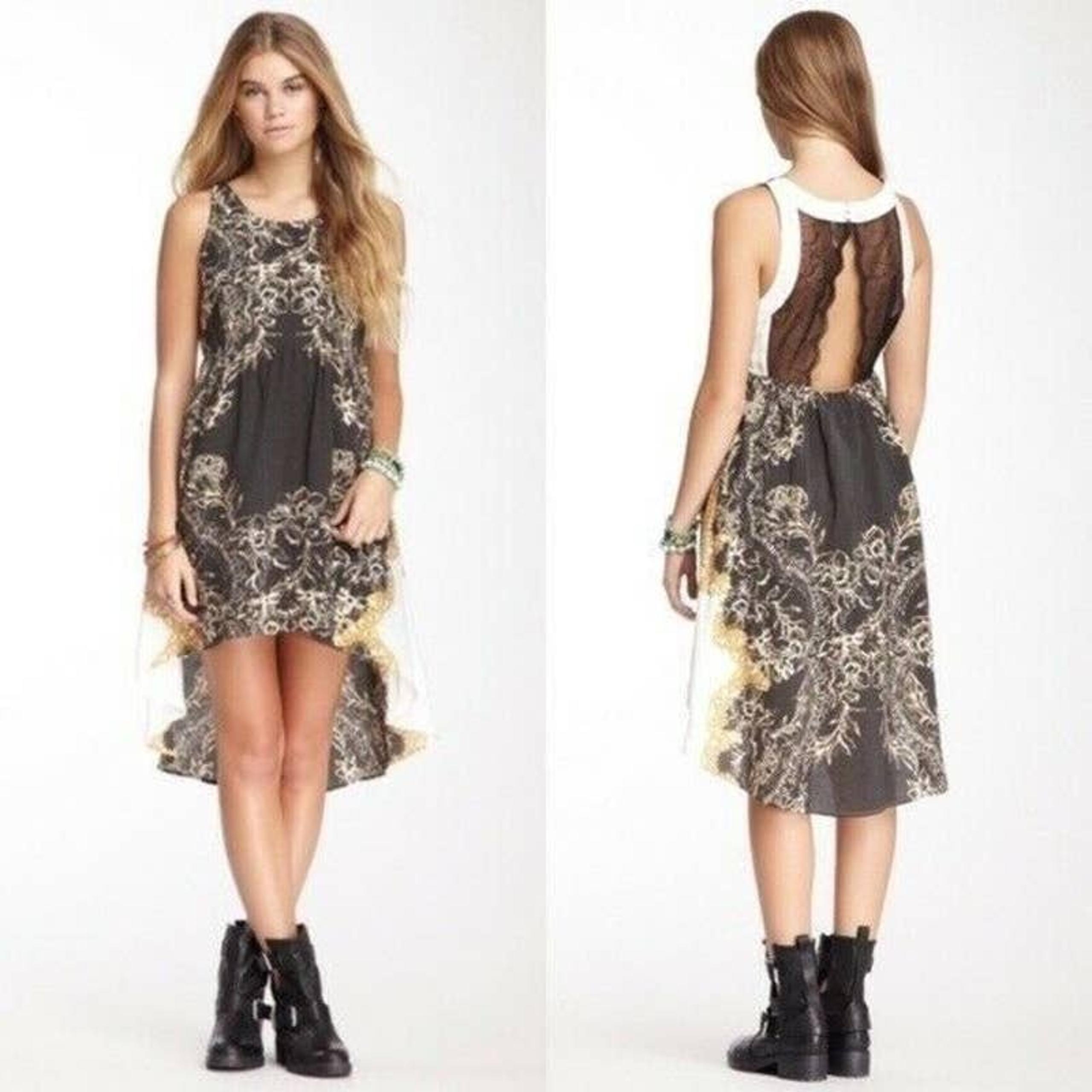 Free People Dress Size XS Flowy Open Lace Back Hi-Low Hem Russian Plate Black