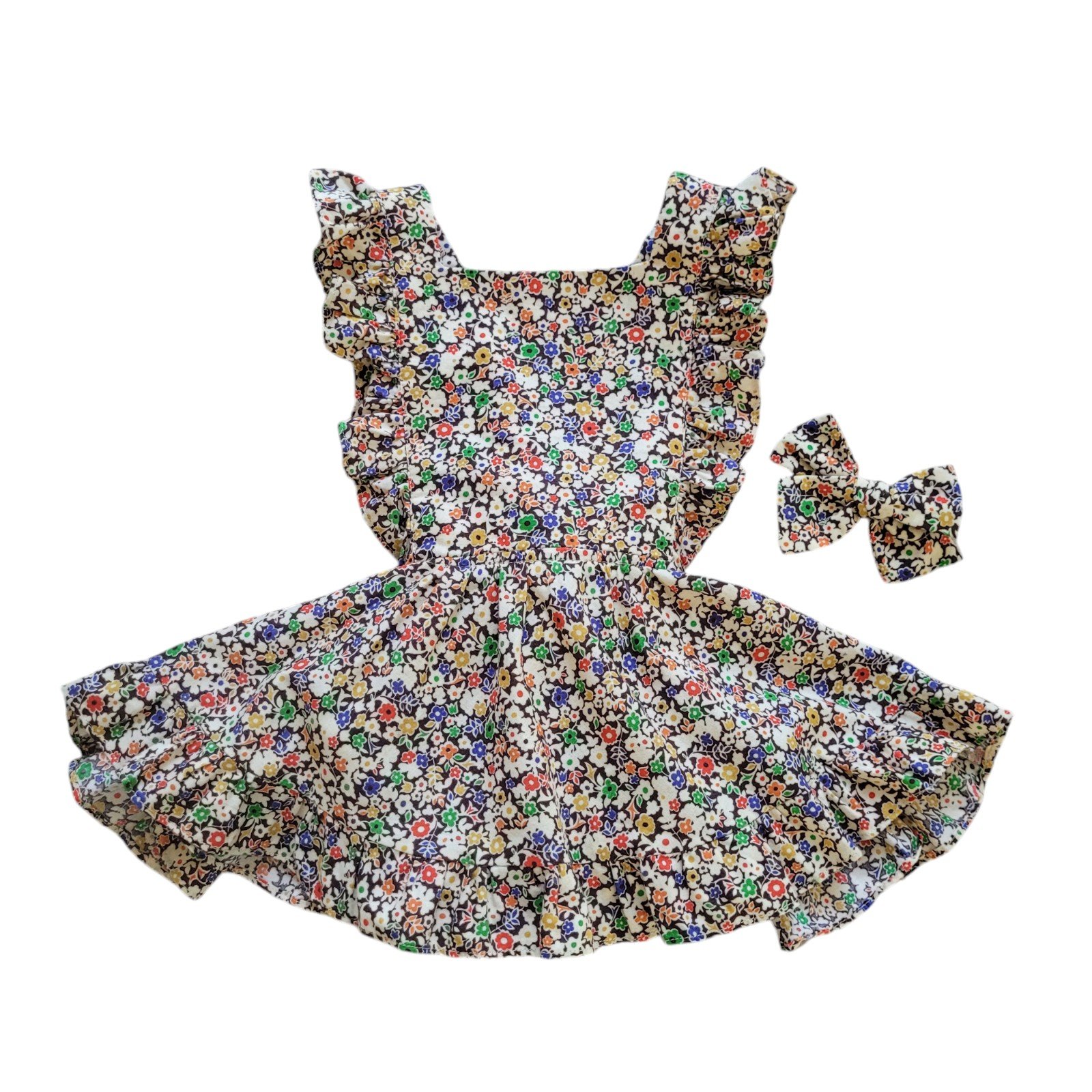 Like Numi Brown Floral Vintage Print Pinafore + Hair Clip